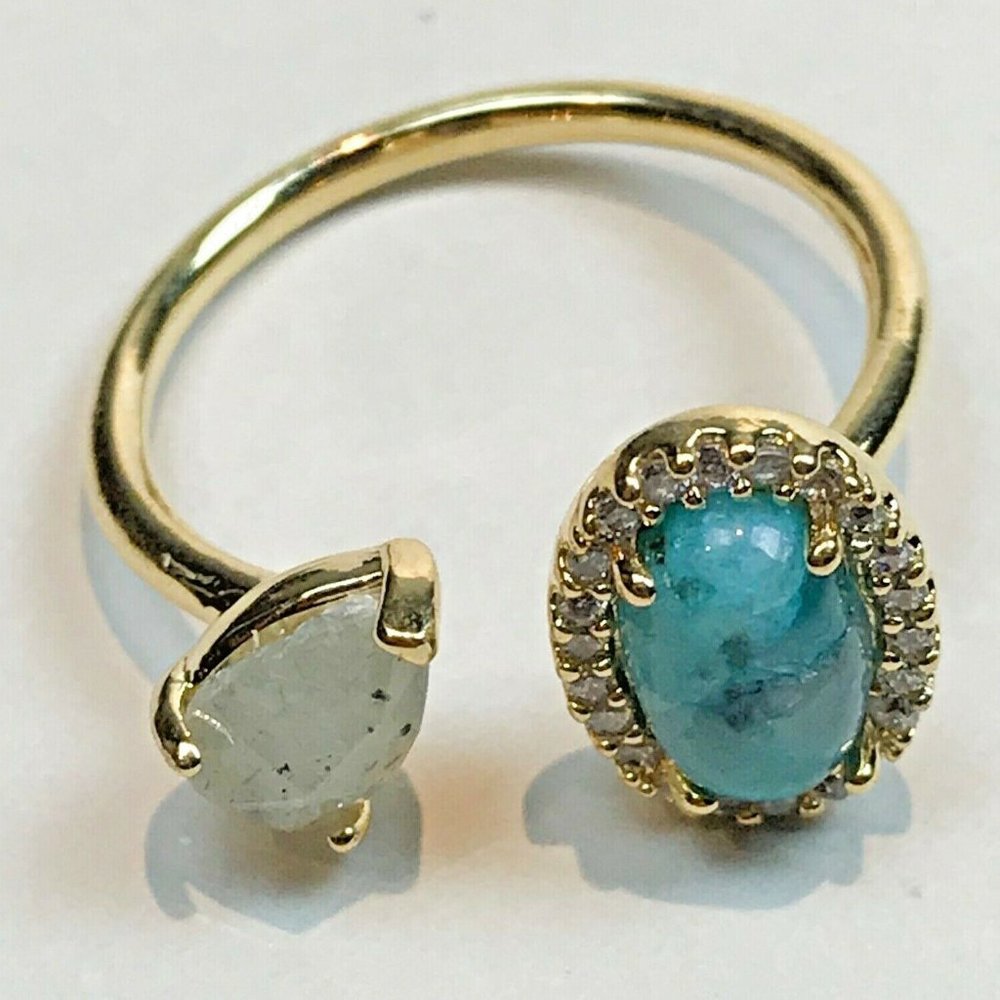 Tai Jewelry Adjustable Gold Plated Ring Labradorite And Dark Blue Opaque Stone